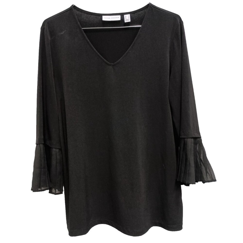 Susan Graver Womens Top Small Black Liquid Knit V-Neck Bell Sleeve Minimalist